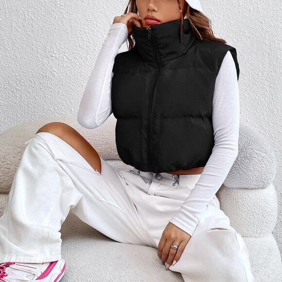 Black Casual Women's Zipper Front Vest Padded Coat - Picture 5 of 6